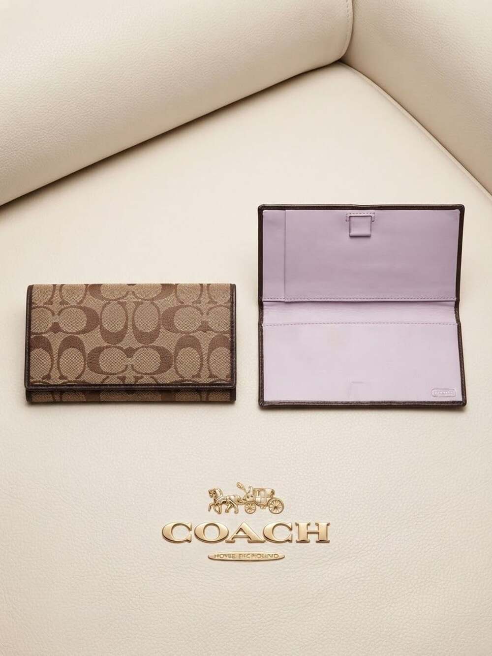 Coach Signature C Jacquard Canvas and Lavender Leather Checkbook Wallet